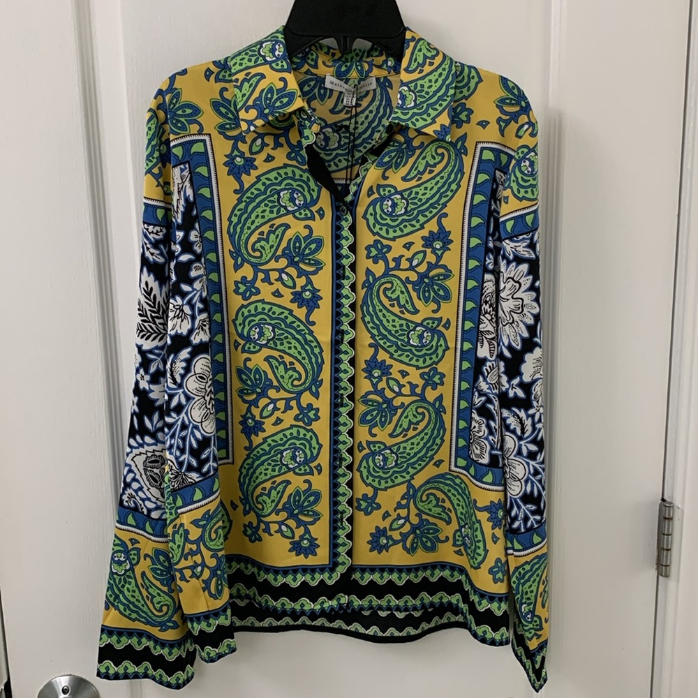 Anthropologie Leaf Patterned Silk Button Down Blouse